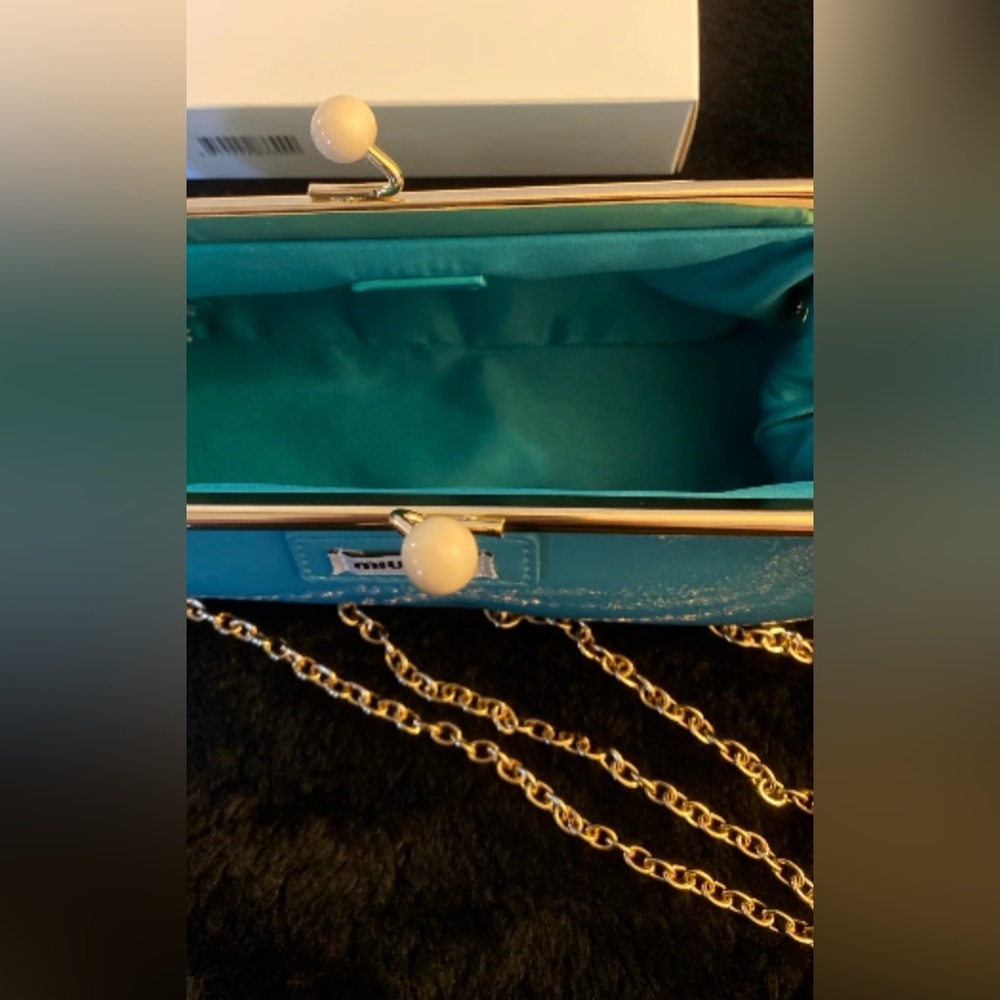Miu Miu Sky Blue or Turquoise Patent Faux Leather Clutch with Gold Chain GWP NWB - Picture 4 of 15